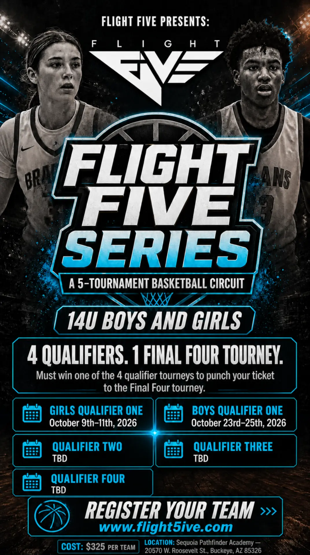 Flight FIVE Arizona 14U Series poster with Girls Qualifier One October 9th through 11th and Boys Qualifier One October 23rd through 25th, 2026.